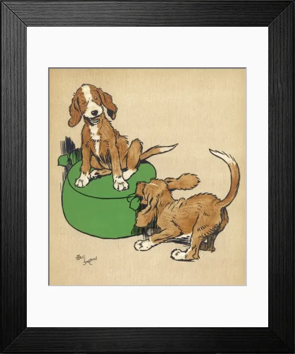 Framed Print : Twin puppies quarrel over footstool Framed Print : Twin puppies quarrel over footstool