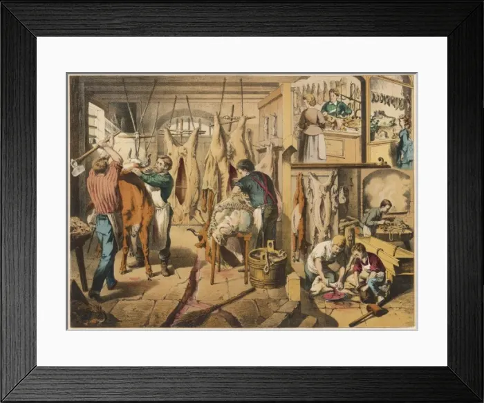 Framed Print : Butchers at work, with shop scene Framed Print : Butchers at work, with shop scene