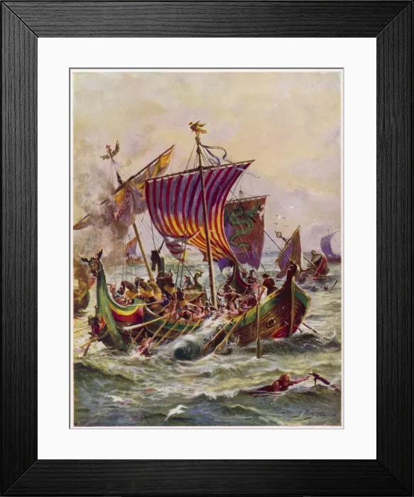 Framed Print : King Alfreds galleys in battle with Vikings Framed Print : King Alfreds galleys in battle with Vikings