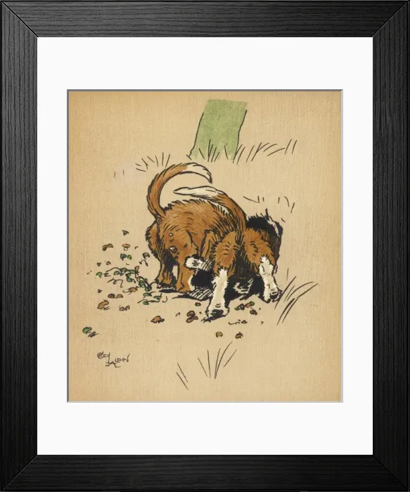 Framed Print : Twin puppies burrow into rabbit hole Framed Print : Twin puppies burrow into rabbit hole