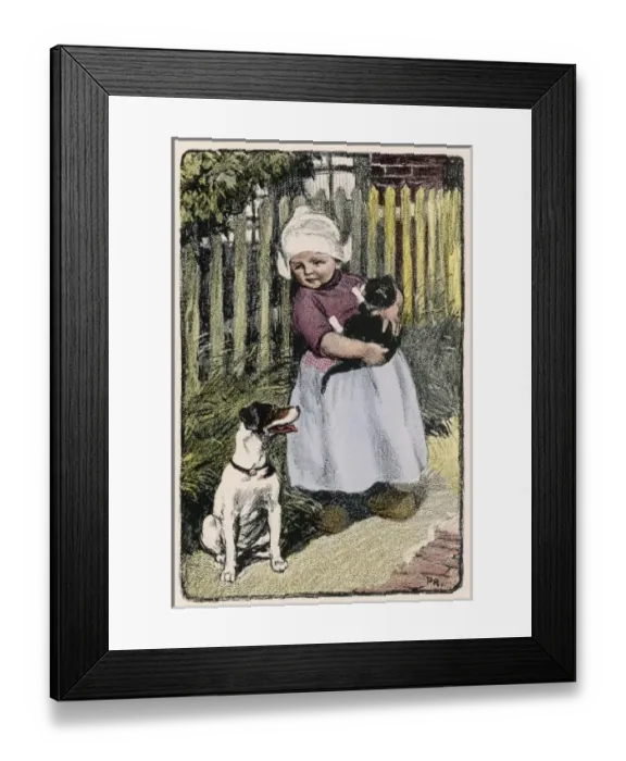 Framed Print : Dutch girl with cat and dog Framed Print : Dutch girl with cat and dog