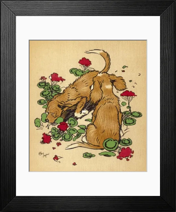 Framed Print : Twin puppies in geranium bed Framed Print : Twin puppies in geranium bed