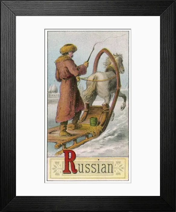 Framed Print : Russian man driving horse-drawn sleigh Framed Print : Russian man driving horse-drawn sleigh