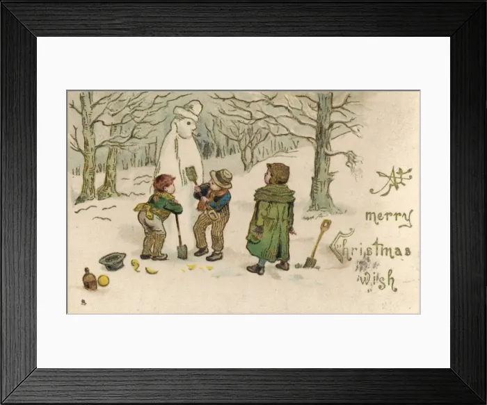 Framed Print : Boys building a snowman in the woods Framed Print : Boys building a snowman in the woods
