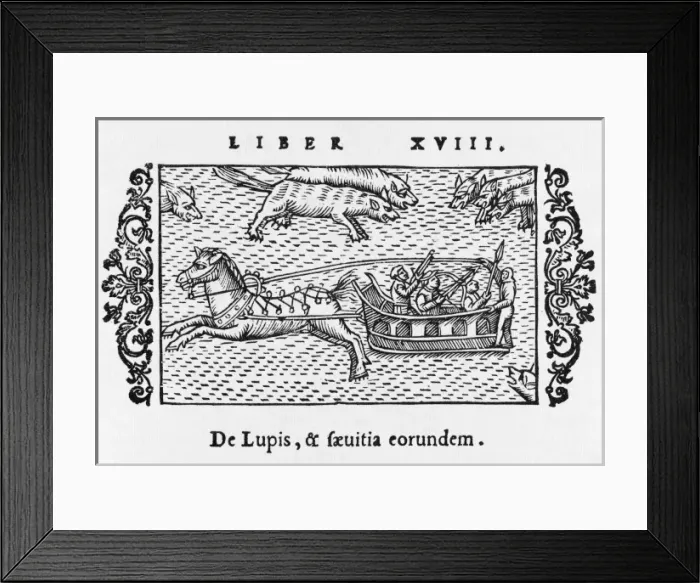 Framed Print : Travellers defending themselves from wolves Framed Print : Travellers defending themselves from wolves
