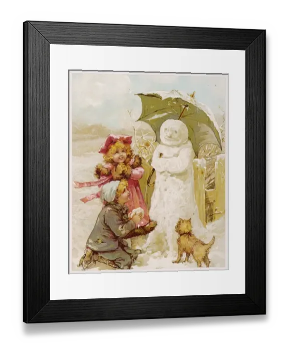 Framed Print : Two children give their snowman an umbrella Framed Print : Two children give their snowman an umbrella