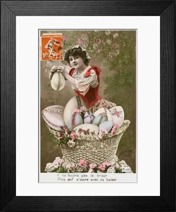 Framed Print : French lady with a basket of large Easter eggs Framed Print : French lady with a basket of large Easter eggs