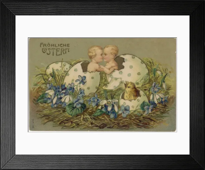 Framed Print : Two babies and a chick hatching out of Easter eggs Framed Print : Two babies and a chick hatching out of Easter eggs