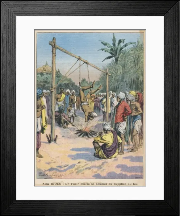 Framed Print : Fakir hanging over a fire, India Framed Print : Fakir hanging over a fire, India