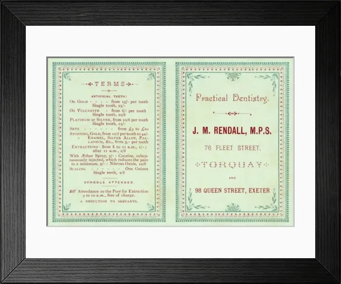 Framed Print : Devonshire dentists trade card and price list Framed Print : Devonshire dentists trade card and price list