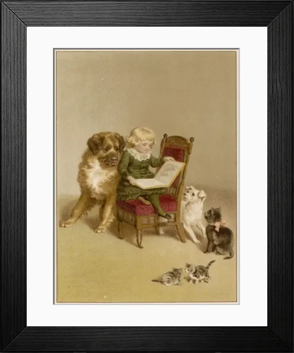 Framed Print : Boy with Dogs & Cats Framed Print : Boy with Dogs & Cats