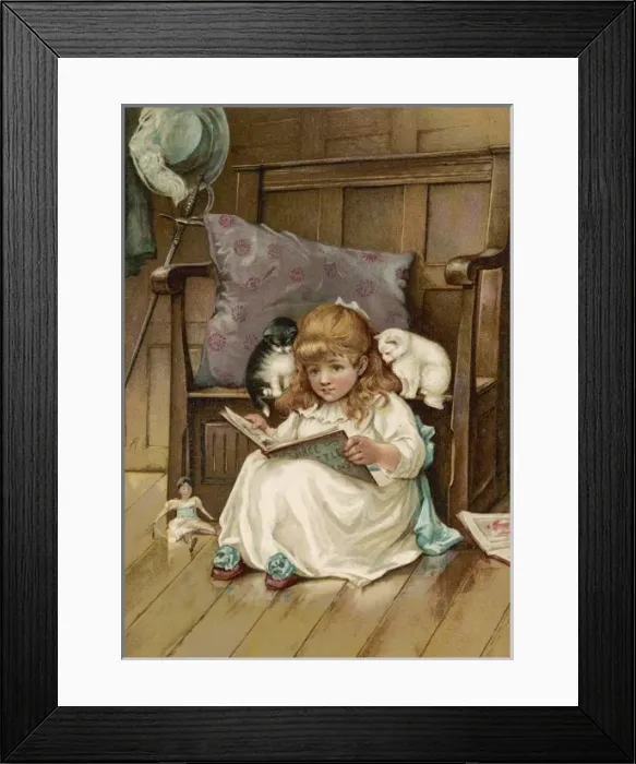Framed Print : Girl Reads with Kittens Framed Print : Girl Reads with Kittens