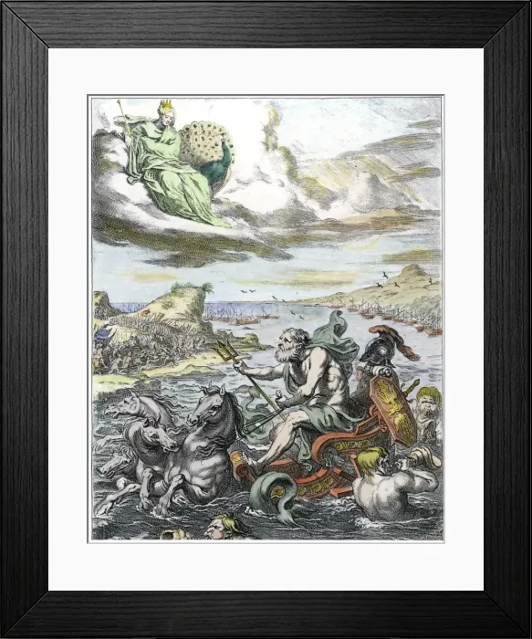 Framed Print : NEPTUNE. Poseidon is drawn through the Dardanelles in his horse- powered sea-chariot Framed Print : NEPTUNE. Poseidon is drawn through the Dardanelles in his horse- powered sea-chariot