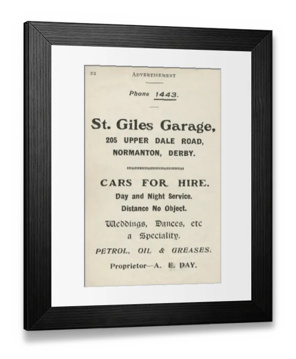 Framed Print : Advertisement for St Giles Garage, Normanton, Derby Framed Print : Advertisement for St Giles Garage, Normanton, Derby