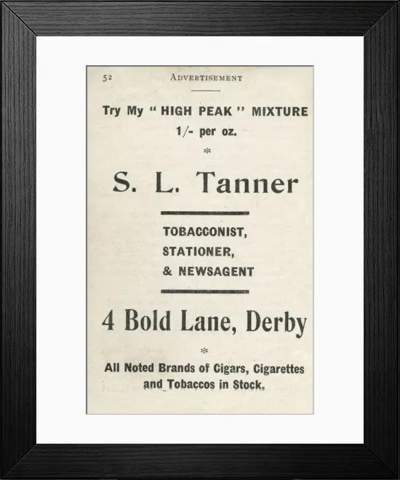 Framed Print : Advertisement fors L Tanner, Tobacconist, Derby Framed Print : Advertisement fors L Tanner, Tobacconist, Derby