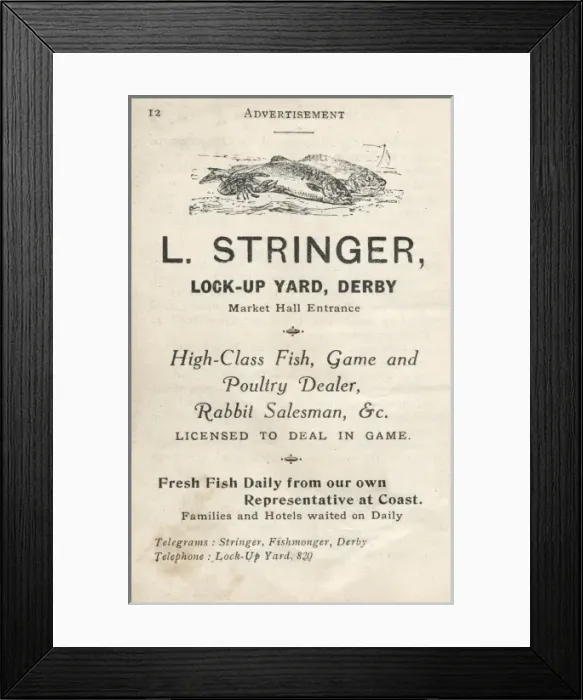 Framed Print : Advertisement for L Stringer, fish, game and poultry dealer Framed Print : Advertisement for L Stringer, fish, game and poultry dealer
