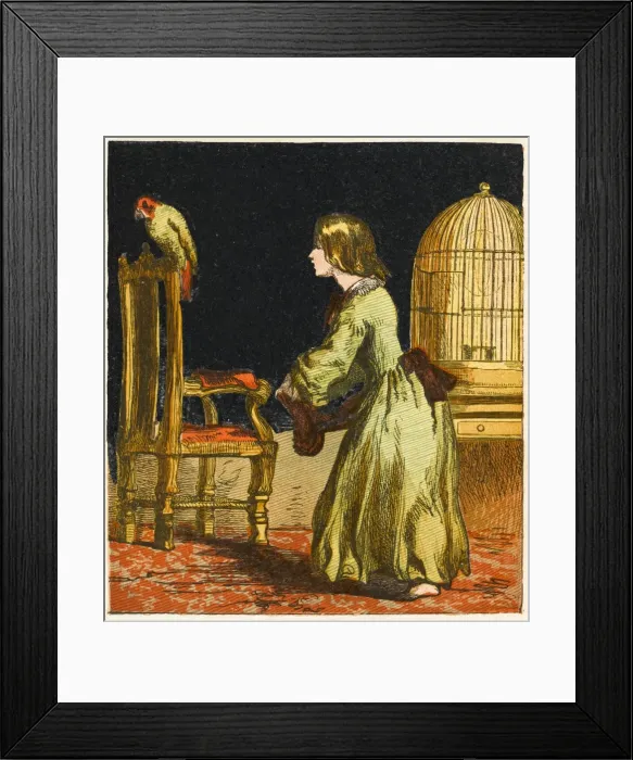 Framed Print : Girl Lets Bird out 1867 Framed Print : Girl Lets Bird out 1867