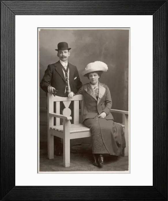 Framed Print : Husband / Wife / Bench C1900 Framed Print : Husband / Wife / Bench C1900