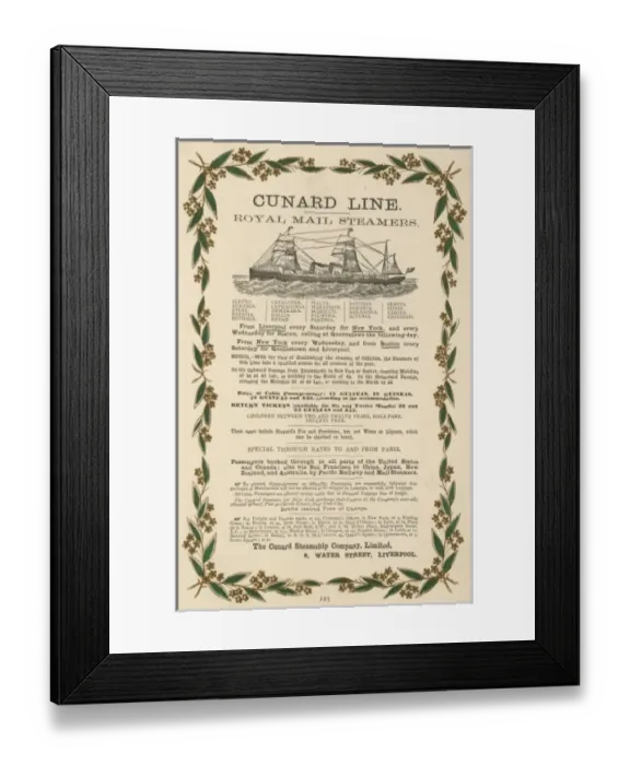 Framed Print : Cunard Timetable 1883 Framed Print : Cunard Timetable 1883