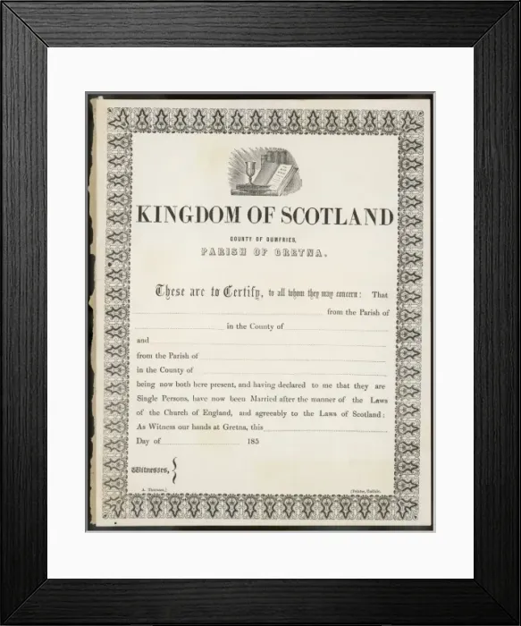 Framed Print : Gretna Wedding Certif Framed Print : Gretna Wedding Certif