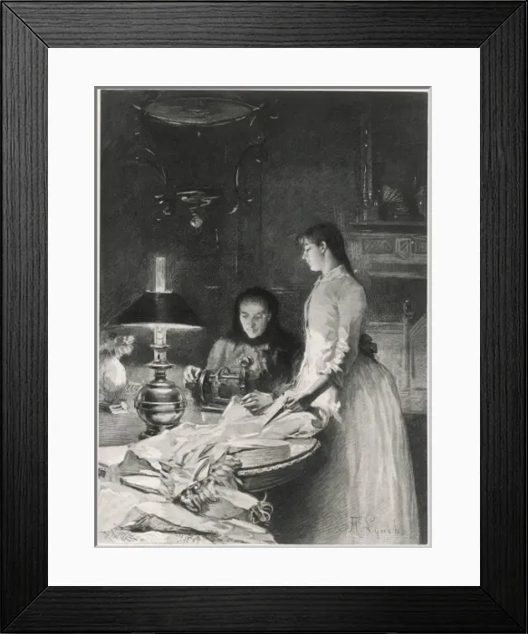Framed Print : Sewing by Oil Lamp Light Framed Print : Sewing by Oil Lamp Light