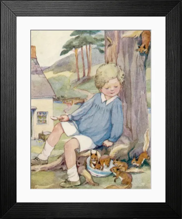 Framed Print : Boy and squirrels Framed Print : Boy and squirrels