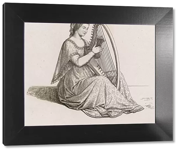 HARPIST. A medieval lady plays a small harp