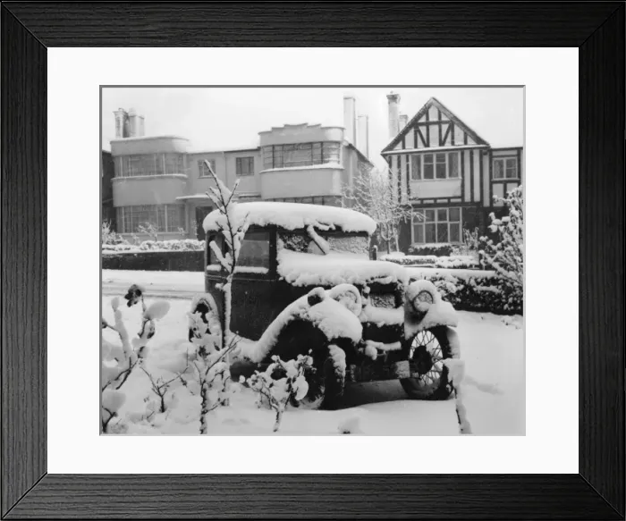 Framed Print : Vintage Car in the Snow Framed Print : Vintage Car in the Snow