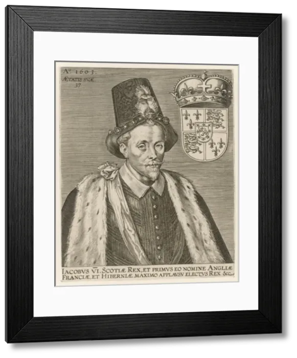 Framed Print : JAMES I of England and VI of Scotland : his claim to the English throne is via his mother Framed Print : JAMES I of England and VI of Scotland : his claim to the English throne is via his mother