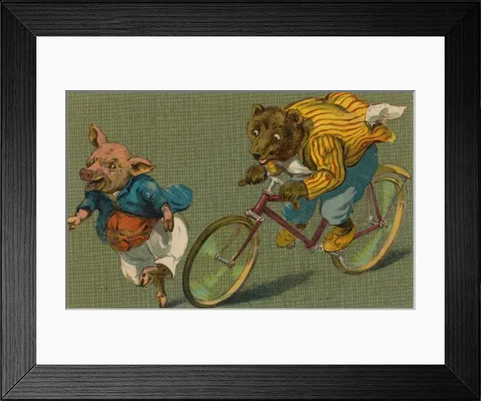 Framed Print : Bicycling Bear and Pig Framed Print : Bicycling Bear and Pig