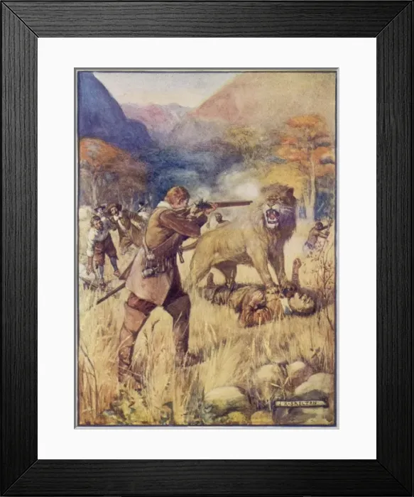 Framed Print : Explorers Meet Lion Framed Print : Explorers Meet Lion