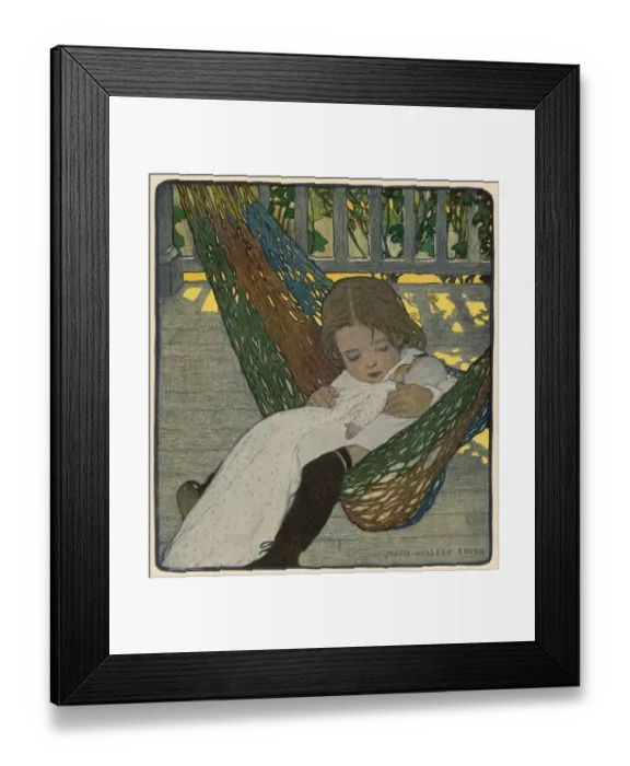 Framed Print : Girl and Doll in Hammock