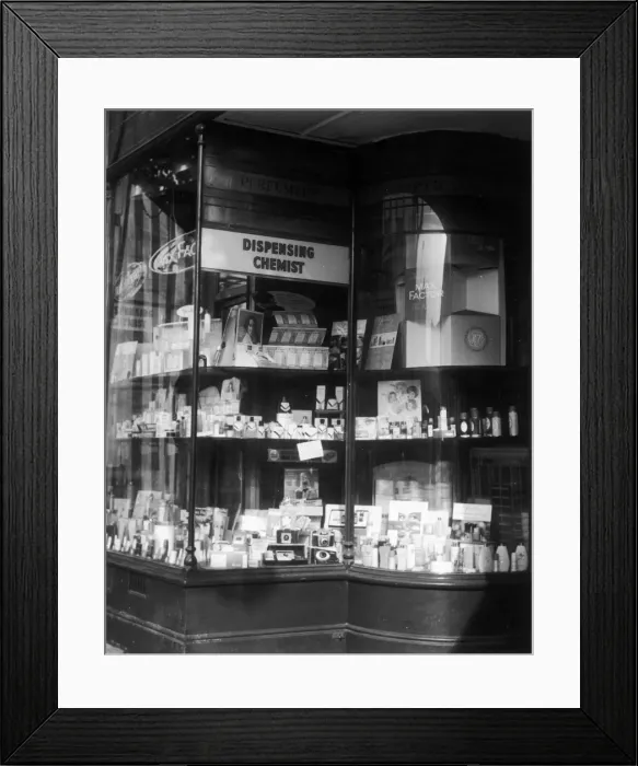 Framed Print : Chemist Window 1970S Framed Print : Chemist Window 1970S