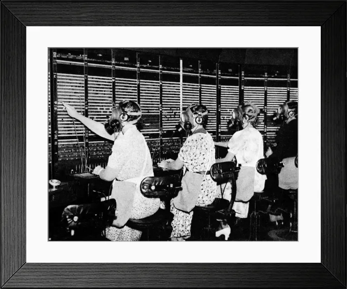 Framed Print : Switchboard operators wearing gas-masks Framed Print : Switchboard operators wearing gas-masks