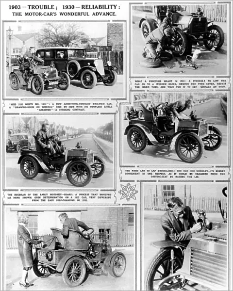 1903-Trouble; 1930-Reliability: The Motor cars wonderful ad