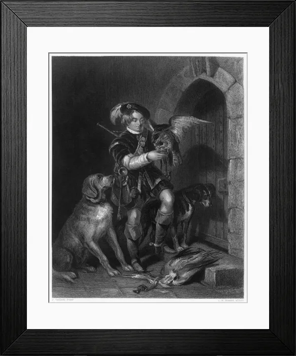 Framed Print : Young Falconer with Dogs Framed Print : Young Falconer with Dogs
