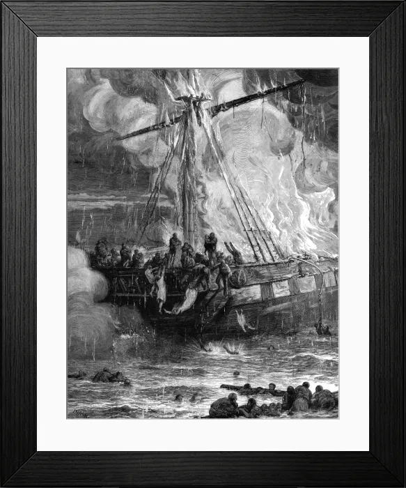 Framed Print : The ship, Cospatrick in flames Framed Print : The ship, Cospatrick in flames