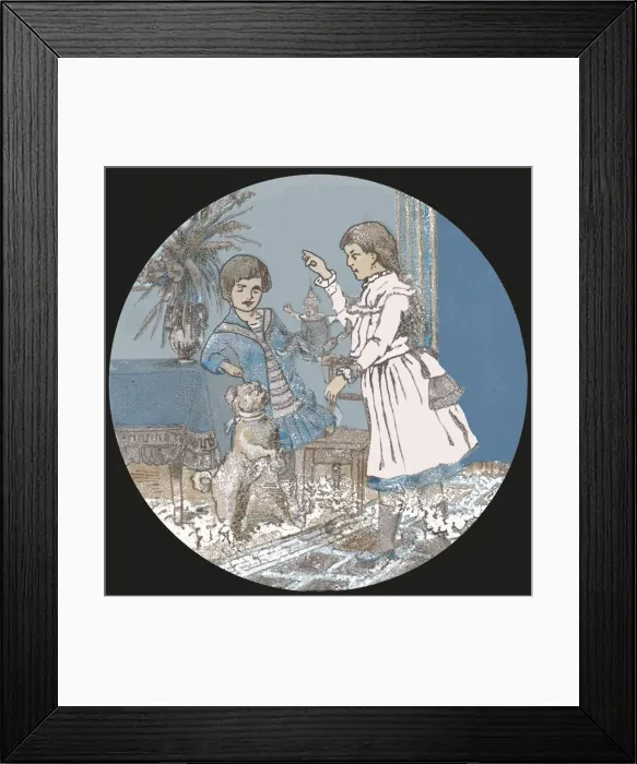 Framed Print : Girls, Dog & Puppet Framed Print : Girls, Dog & Puppet