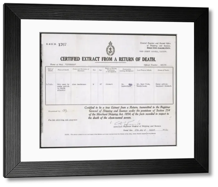 Framed Print : Death Certificate 1941 Framed Print : Death Certificate 1941