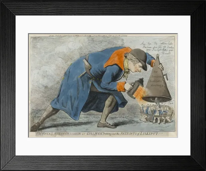 Framed Print : The Royal Extinguisher or Gulliver Putting out the Patriots Framed Print : The Royal Extinguisher or Gulliver Putting out the Patriots