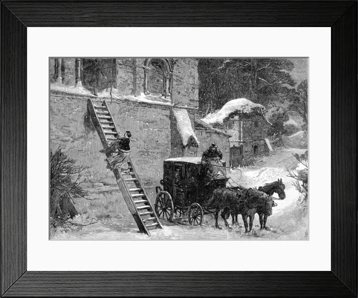 Framed Print : Eloping. Engraving showing a young woman escaping a house by step ladder in order to elope Framed Print : Eloping. Engraving showing a young woman escaping a house by step ladder in order to elope