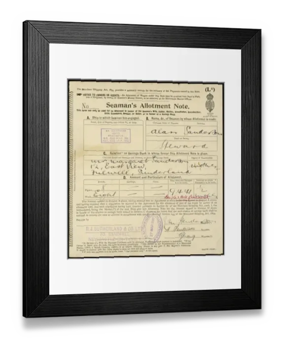 Framed Print : Seamans Allotment Note Framed Print : Seamans Allotment Note