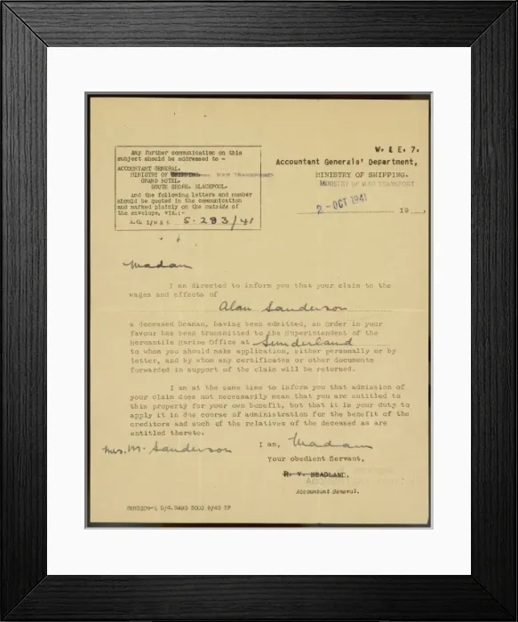 Framed Print : Lost Seamen Letter Framed Print : Lost Seamen Letter