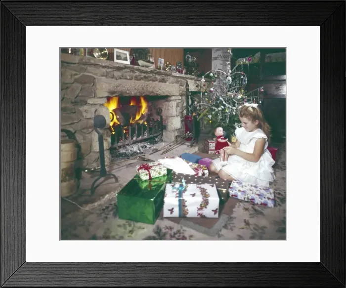 Framed Print : Girl Opens Xmas Presents Framed Print : Girl Opens Xmas Presents