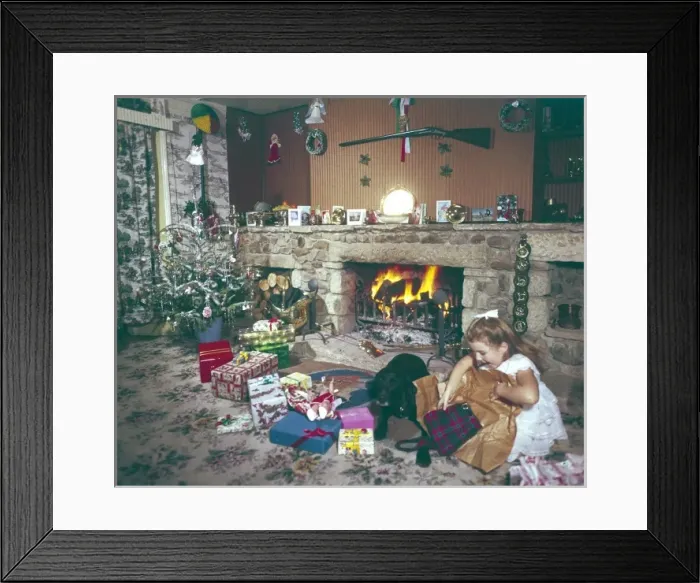 Framed Print : Girl Opens Xmas Presents Framed Print : Girl Opens Xmas Presents