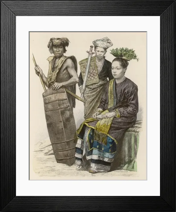 Framed Print : BORNEO. Three natives of Borneo: two warriors (Dyaks) and a princess Framed Print : BORNEO. Three natives of Borneo: two warriors (Dyaks) and a princess