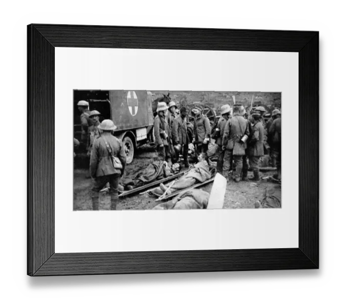 Framed Print : War casualties awaiting treatment at a dressing station Framed Print : War casualties awaiting treatment at a dressing station