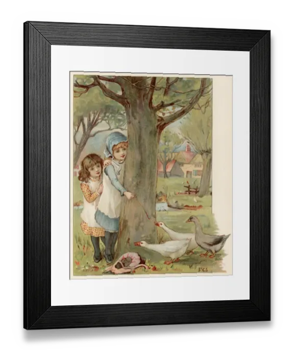 Framed Print : Girls Hide from Geese Framed Print : Girls Hide from Geese