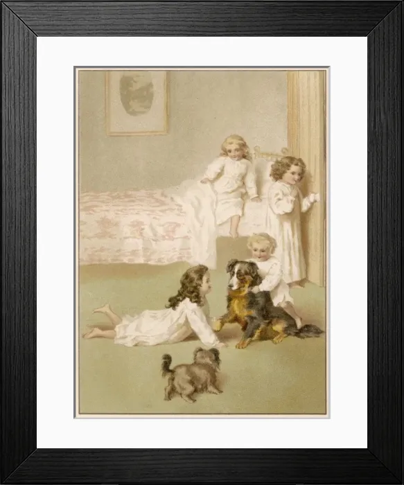 Framed Print : Girls & Dogs at Bedtime Framed Print : Girls & Dogs at Bedtime