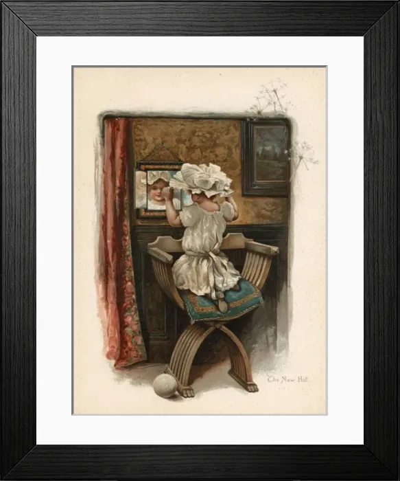 Framed Print : Girl Tries on Hat C1890 Framed Print : Girl Tries on Hat C1890